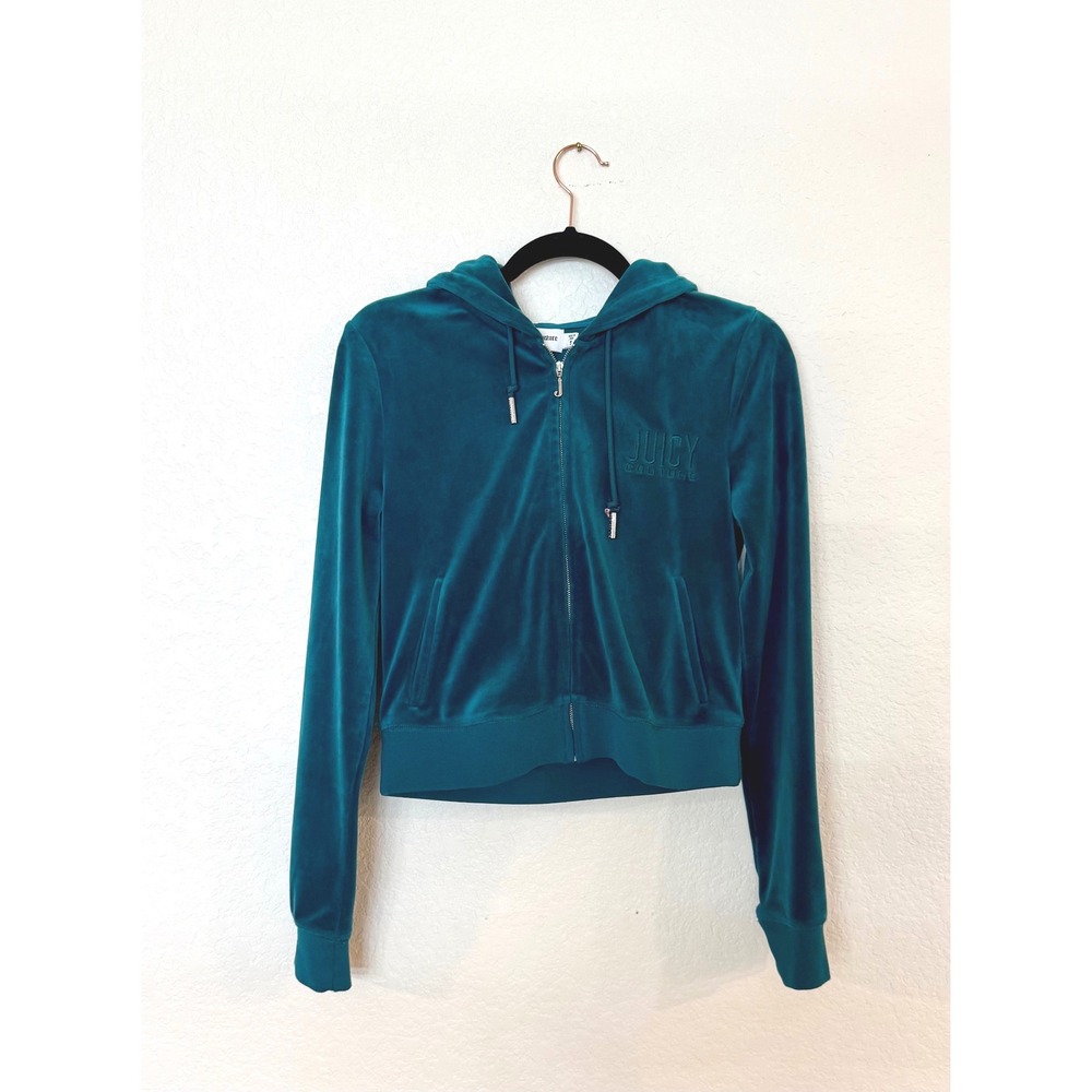 Juicy Couture Velour Track‎ Jacket Teal Blue Full Zip Hoodie Women's Size S